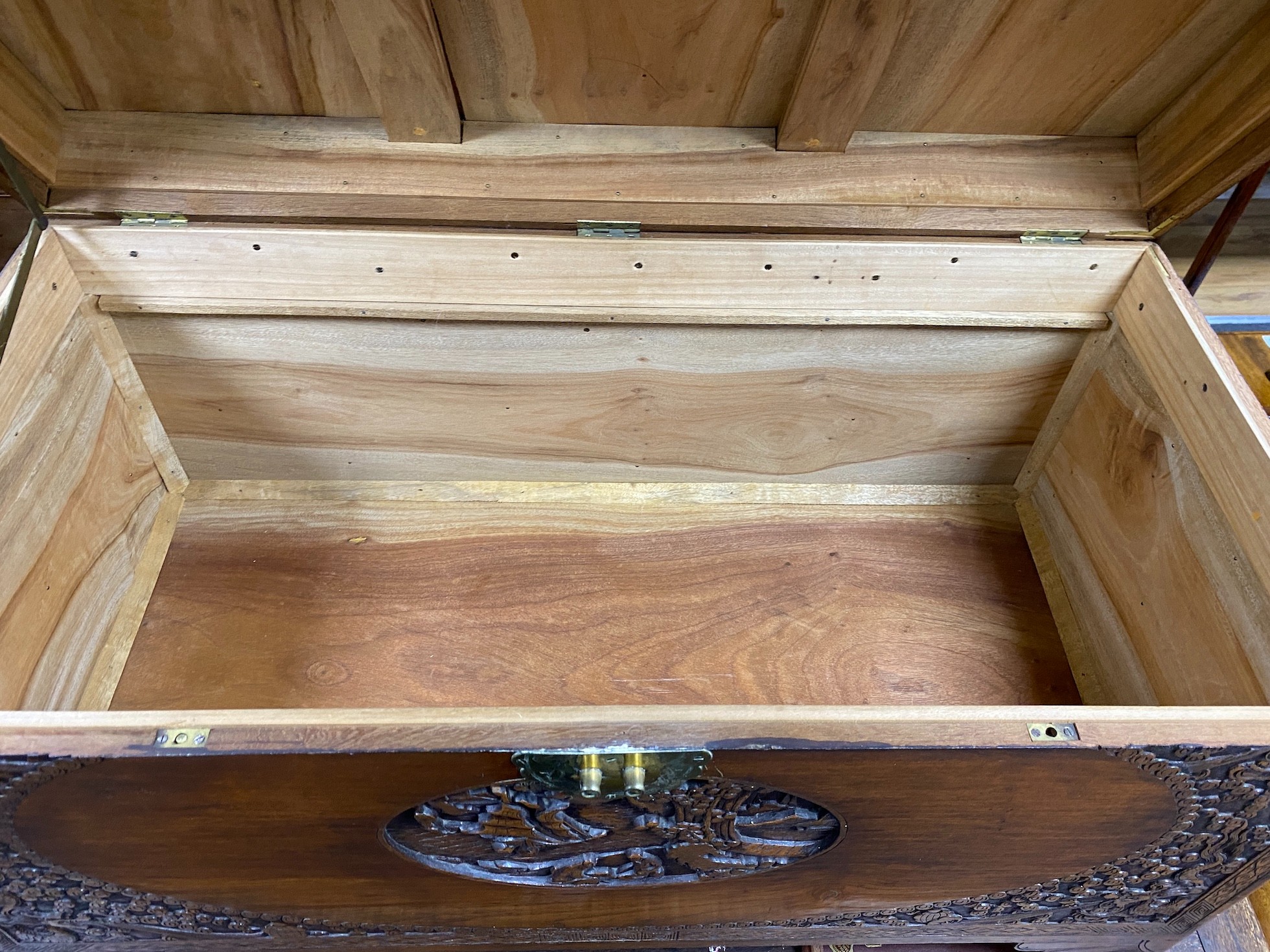 A carved Chinese camphor wood coffer, length 104cm, depth 52cm, height 63cm